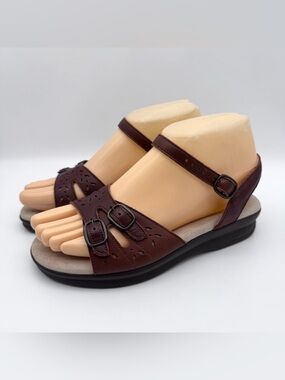 SAS Duo Brown Leather Triple Strap Slingback Sandals Women 5.5 WW Wide EUC
